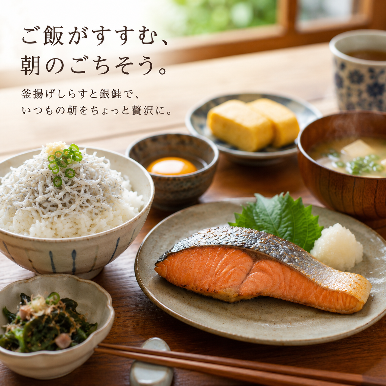 南知多産釜揚げしらすとプレミアム銀鮭 朝ごはんセット